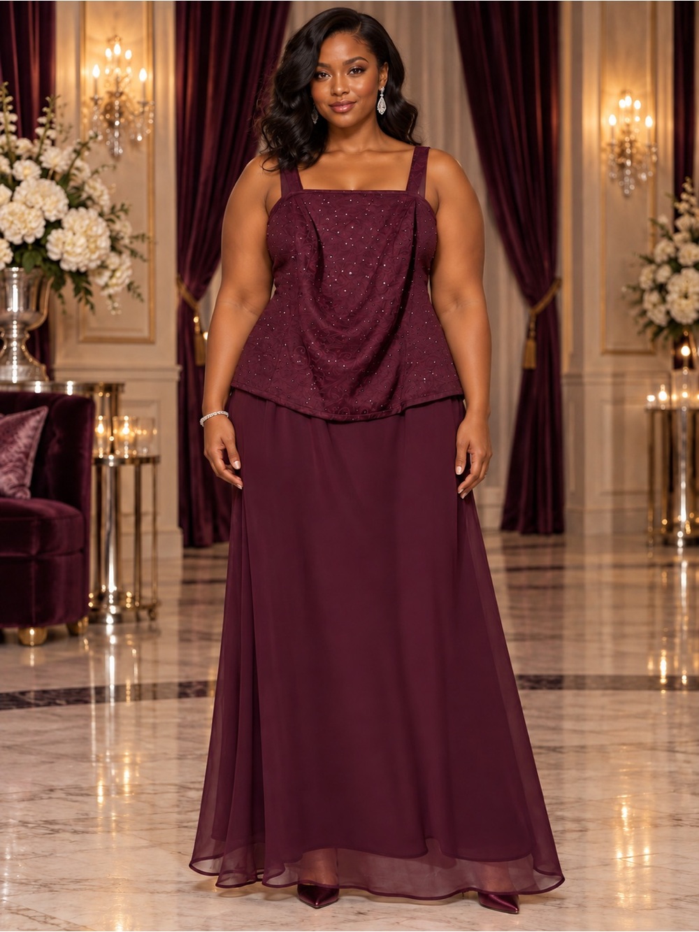 Elegant Plus-Size Burgundy Evening Dress